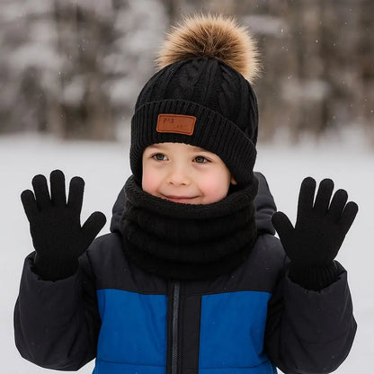 Toddler 3Pcs Cute Pompom Knitted Hats Scarf Gloves Set