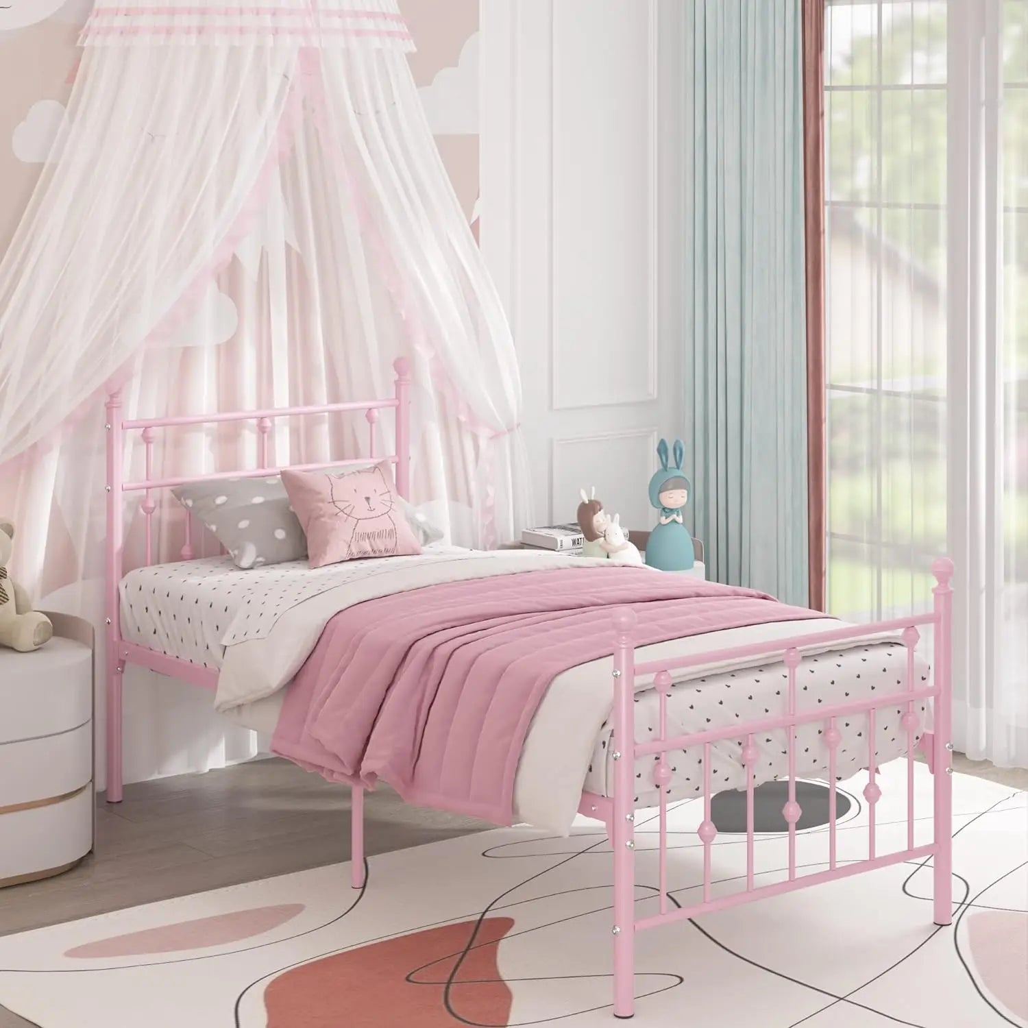 Twin Size Pink Metal Bed Frame with Headboard childrensterritory