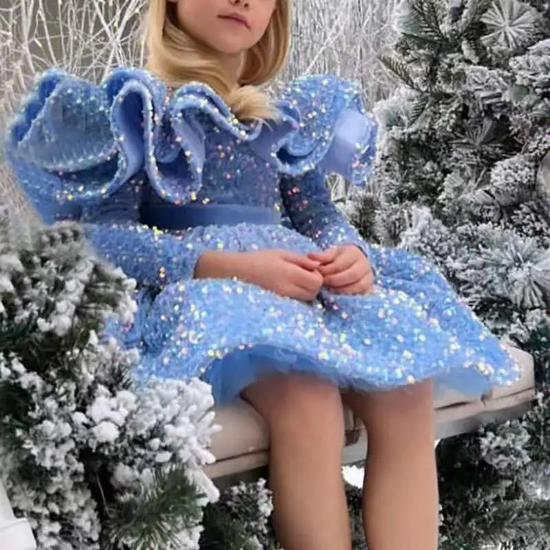 Kids Girls Glitter Sequin Puffy Birthday Party Dresses