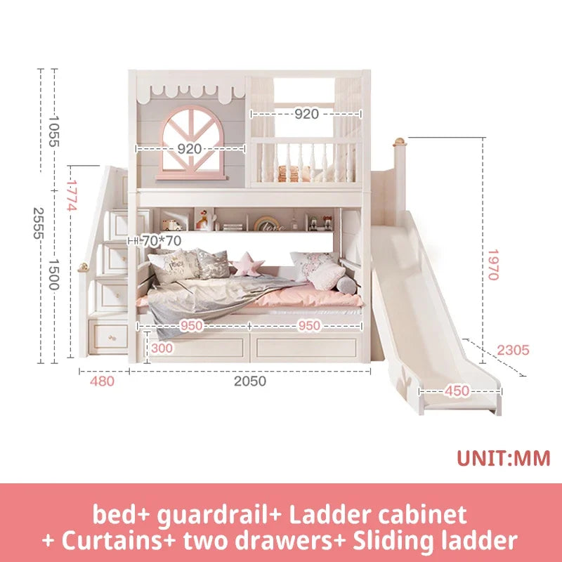 Beautiful Kids Bunk Beds with Large Storage Space and Guardrail