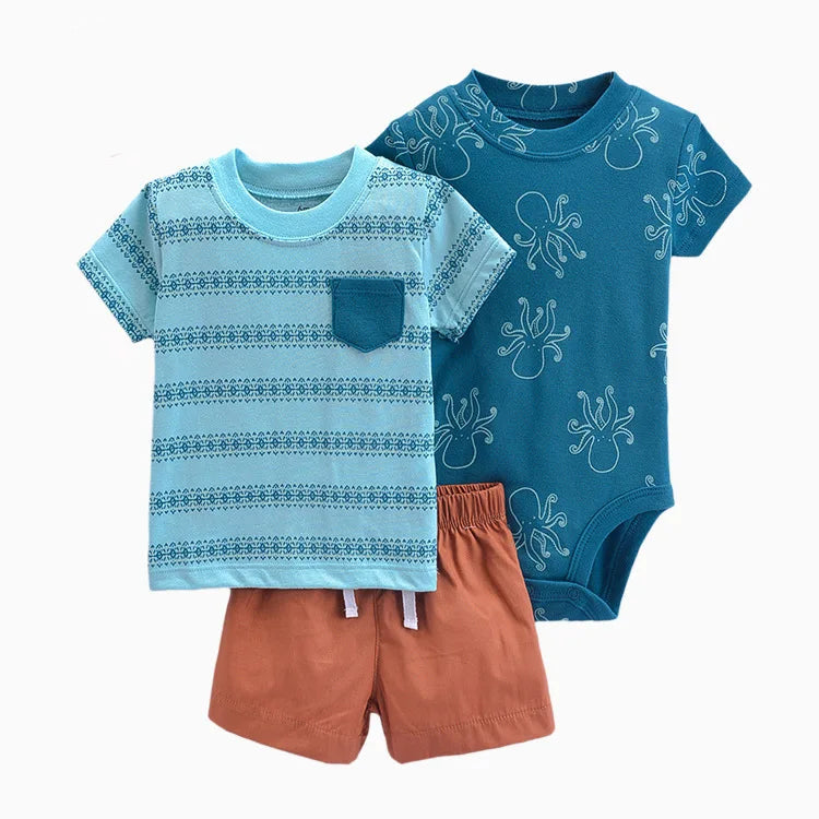 Baby Boys Cotton 3-Piece Short Bodysuit Set for Summer