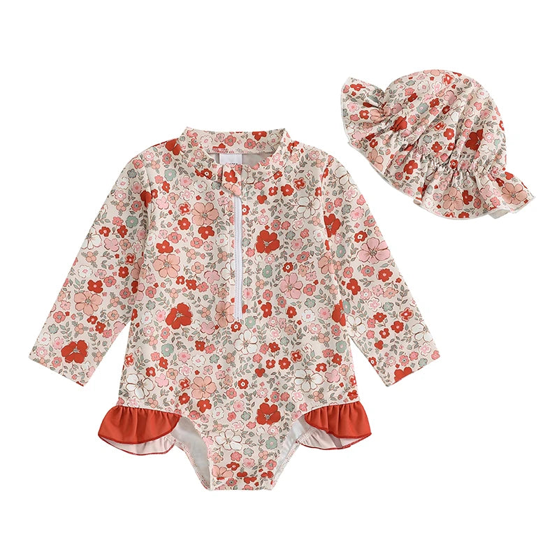 Floral Print Baby Girl Backless Long Sleeve Swimwear childrensterritory