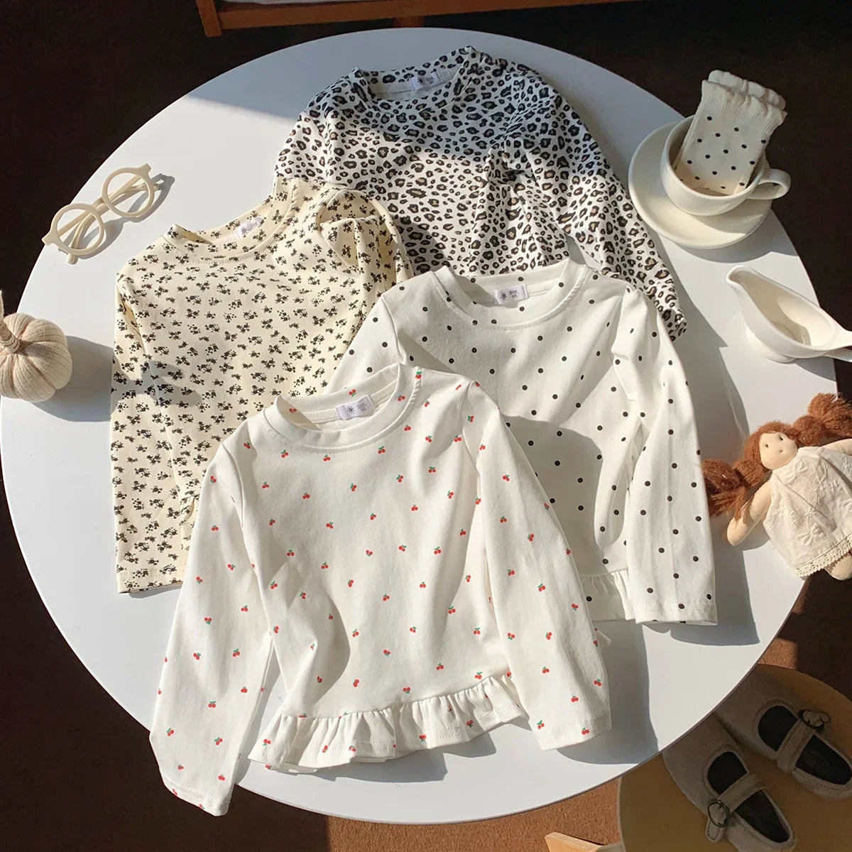 Little Girls Stylish Print Tops with Pant Outfit Set for Autumn