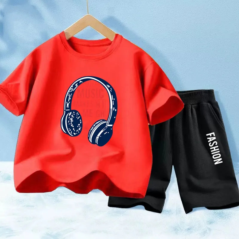 Kids Boys Music Headset Print T-shirt and Shorts Set childrensterritory