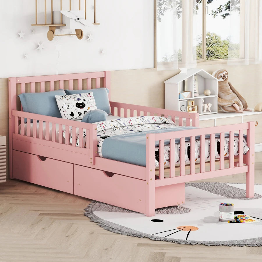 Space-saving Twin Size Wood Platform Bed with Guardrails childrensterritory