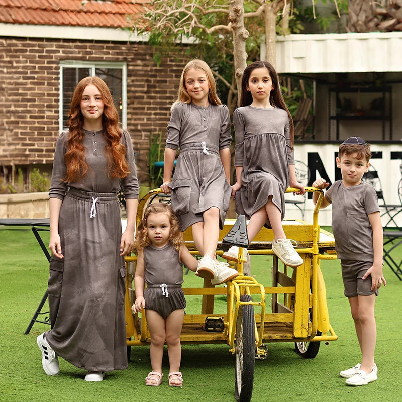 Ribbed Grey Melange Family Matching Clothing Sets childrensterritory