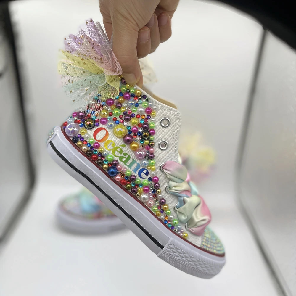 Kids Girls Pink Sparkle Gold Rhinestones Canvas Sneakers
