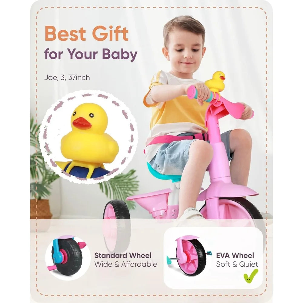 2 in 1 Kids Tricycles with Push Handle and Duck Bell childrensterritory