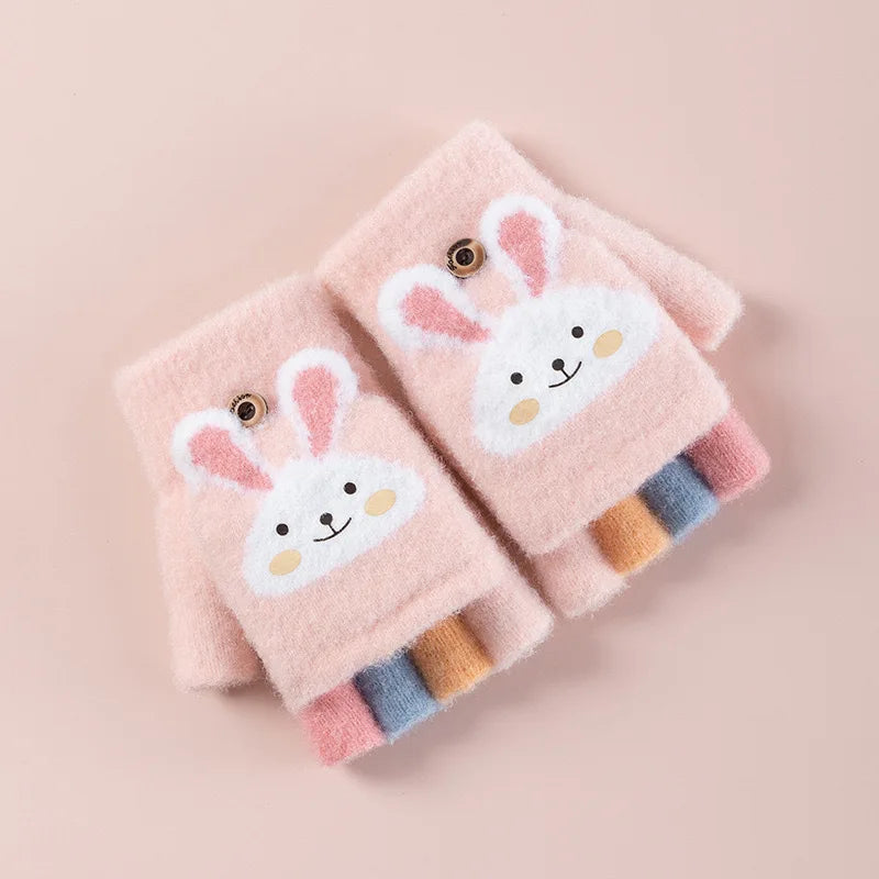 Cartoon Bunny Warm Half Finger Flip Gloves for Kids