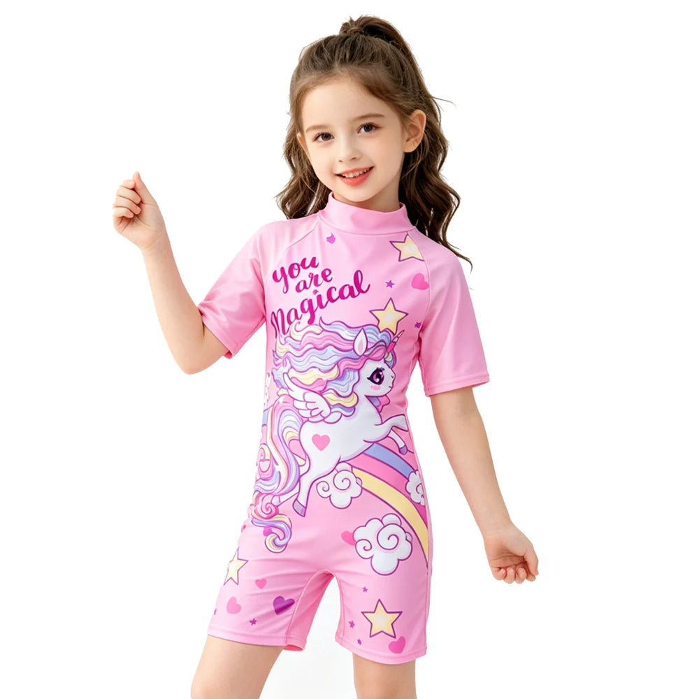 Kids Girls One-Piece Cartoon Print UV Swimsuits