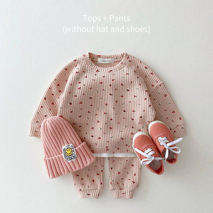 Baby Waffle Cotton Fruits Print Sweatshirt + Pants Outfit Set childrensterritory