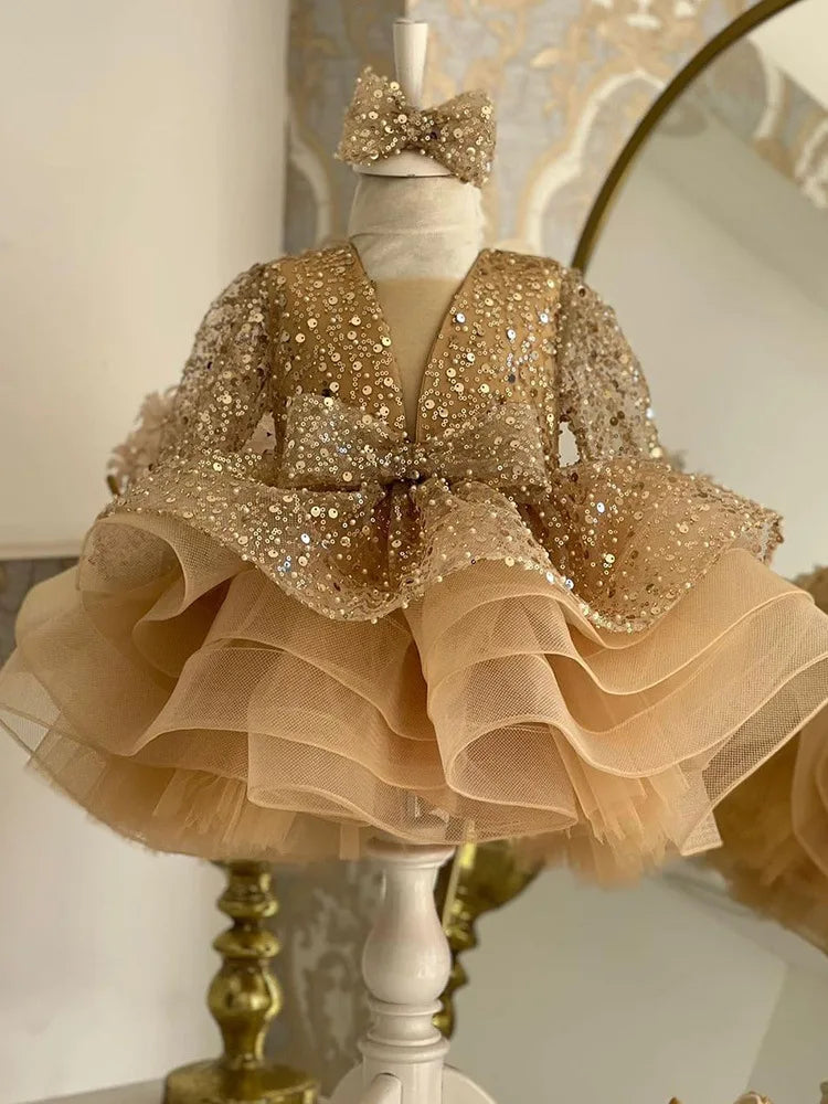 Puffy Glitter Sequined Flower Girl Dress with Detachable Train