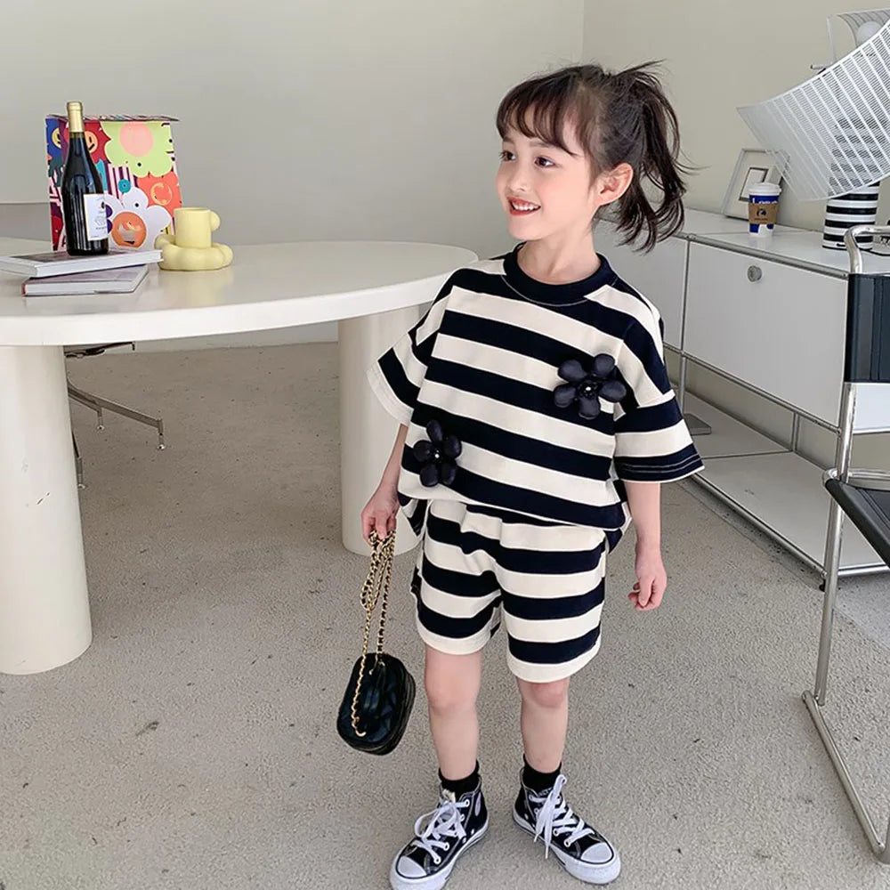 Kids Girls Short Sleeve Striped 2Pcs Casual Clothing Set childrensterritory