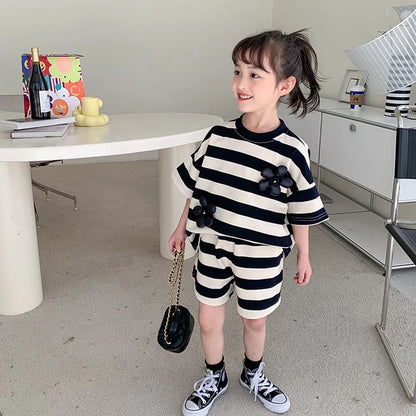 Kids Girls Short Sleeve Striped 2Pcs Casual Clothing Set childrensterritory