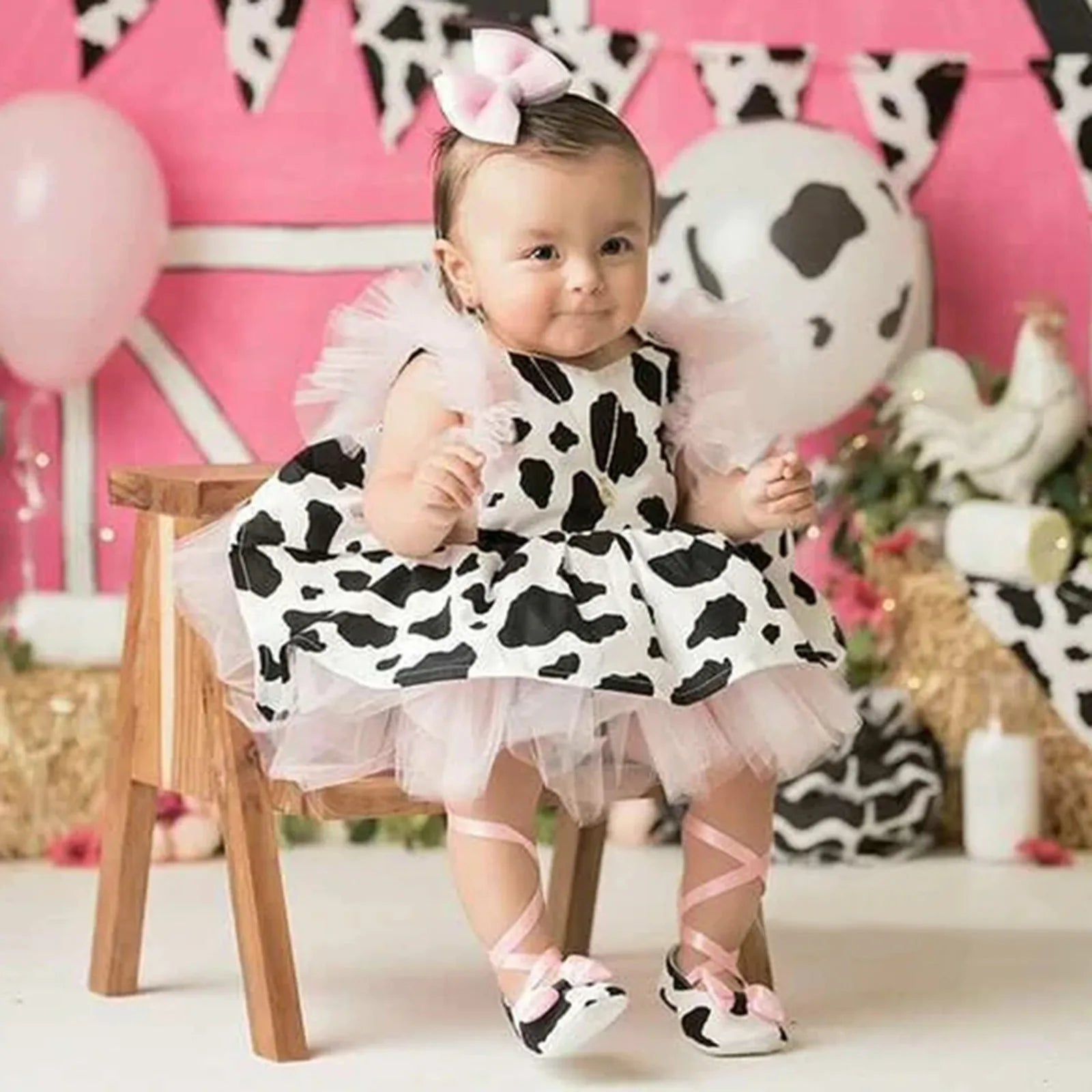 Baby Girls Cow Print Tulle Romper Dress and Headband Set