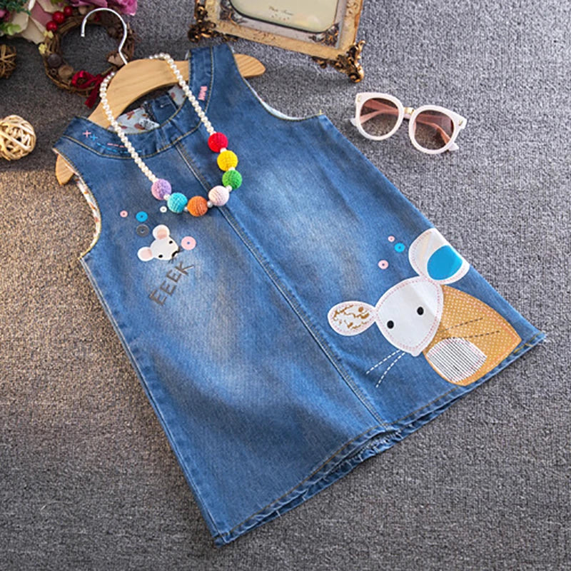 Little Girls Cartoon Mouse Embroidery Denim Dress childrensterritory