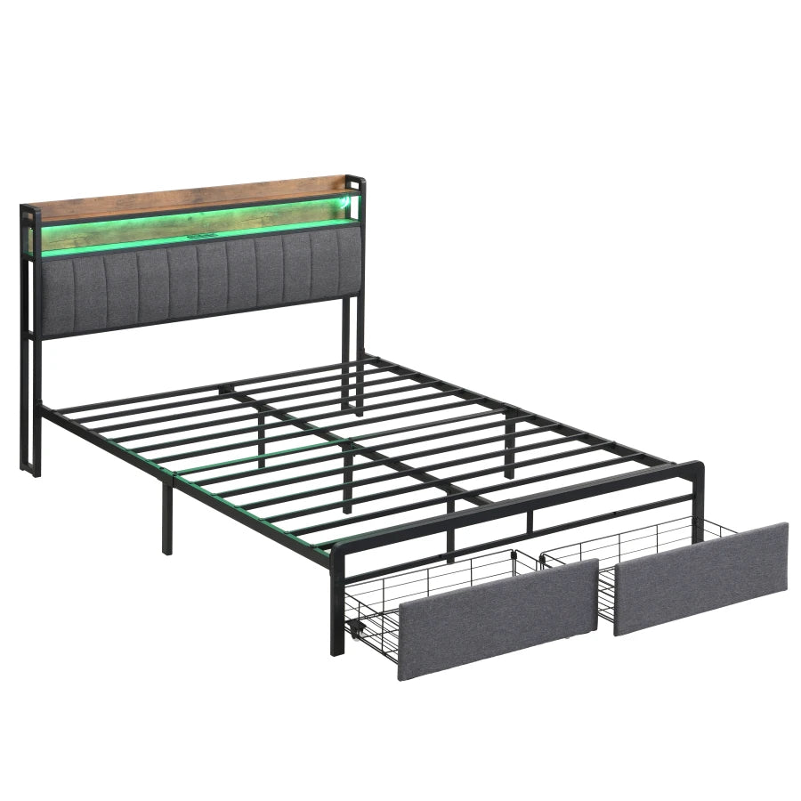 LED Upholstered Bed Frame with Charging Station and Drawers childrensterritory