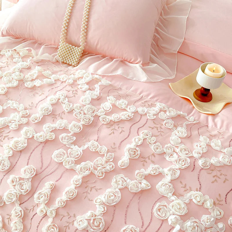 Luxury Pink Lace Design Bedding Set for Girls