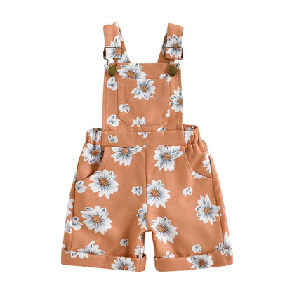 Kids Girls Printed Rolled Hem Overall Shorts with Pockets childrensterritory