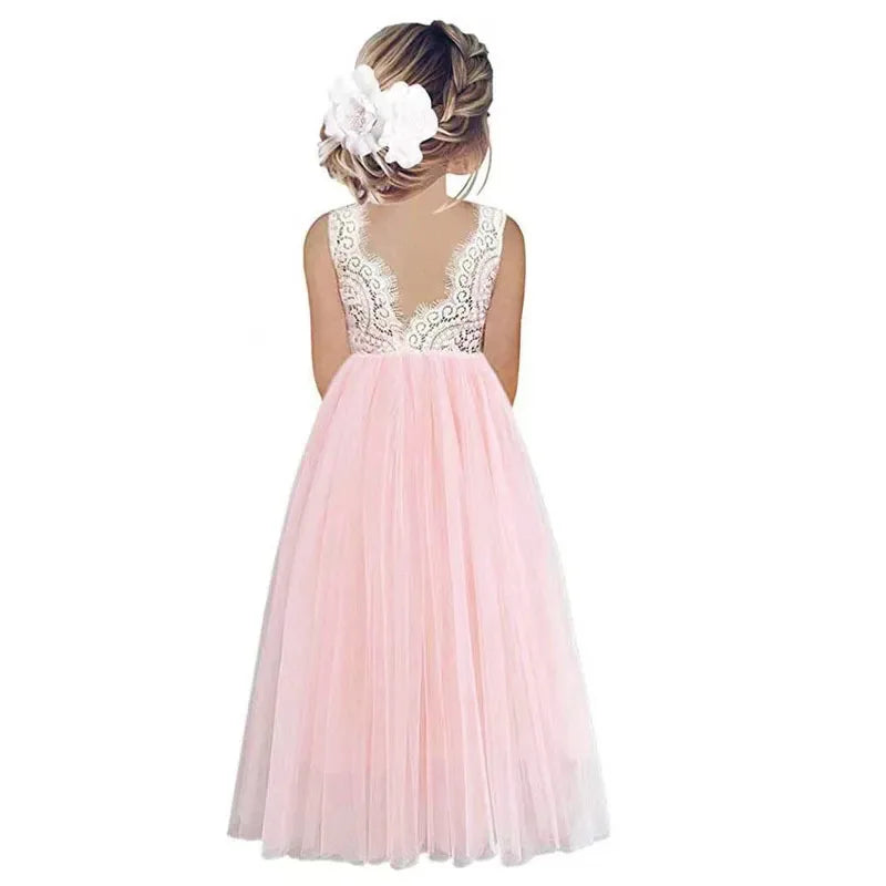 Kids Girls Lace Design Long Mesh Princess Dresses childrensterritory