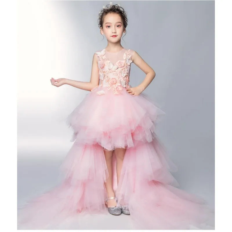 Baby/Kids Girls Pink Tulle Trailing Princess Gown