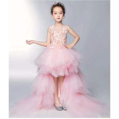 Baby/Kids Girls Pink Tulle Trailing Princess Gown