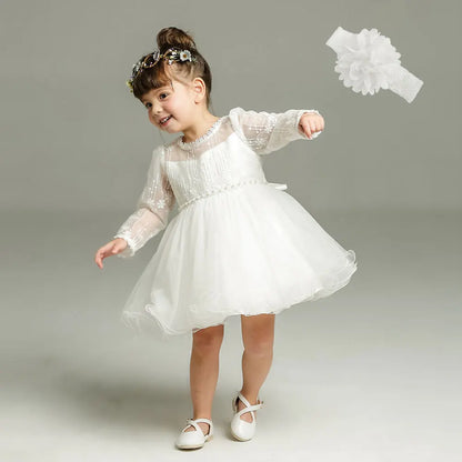 Little Girls Bow Lace Design White Baptism/Bridesmaid Dresses