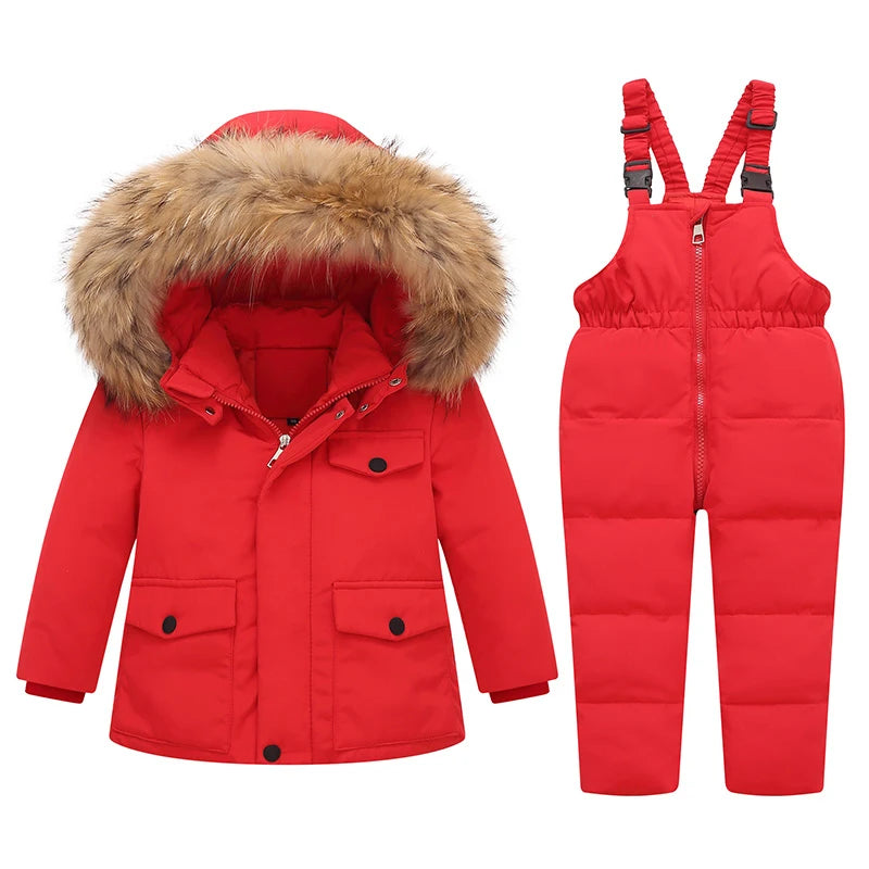 Kids Real Fur Hooded Down Parka/Snowsuit Set