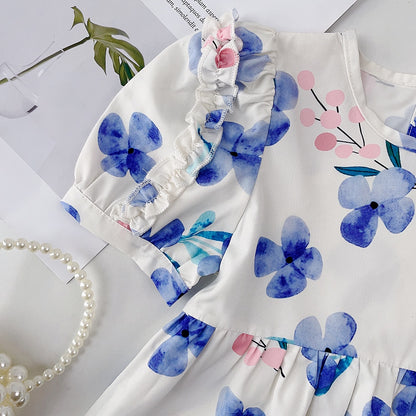 Purple Flowers Pattern with Bubble Sleeve Kids Girl Princess Dress childrensterritory