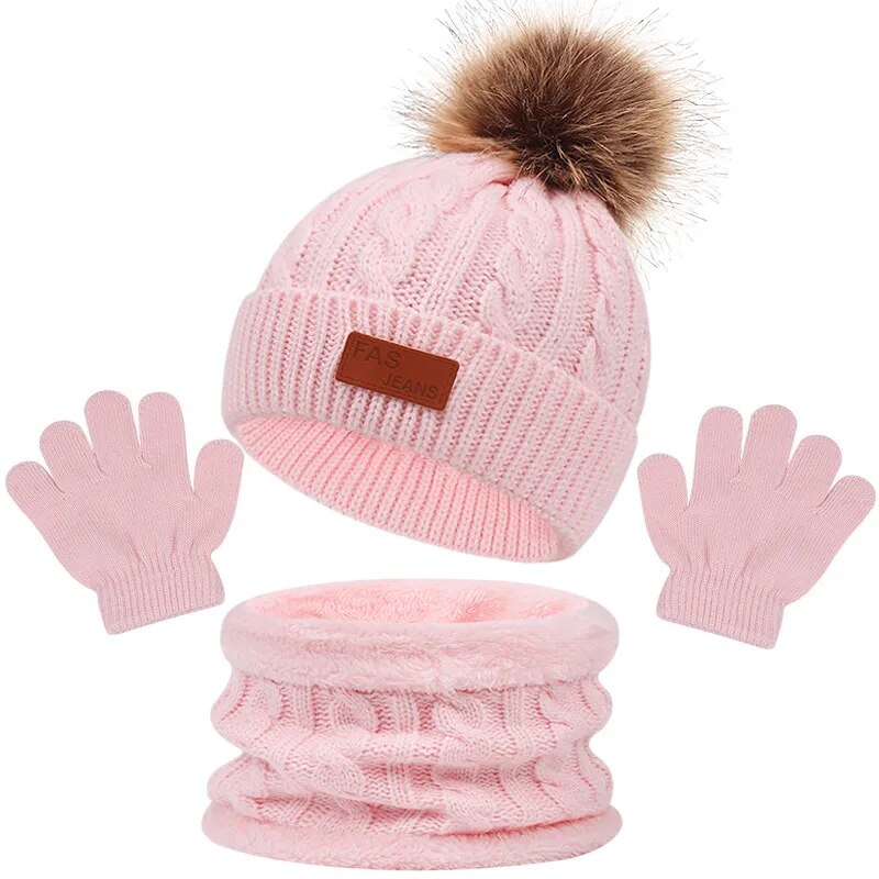Toddler 3Pcs Cute Pompom Knitted Hats Scarf Gloves Set childrensterritory