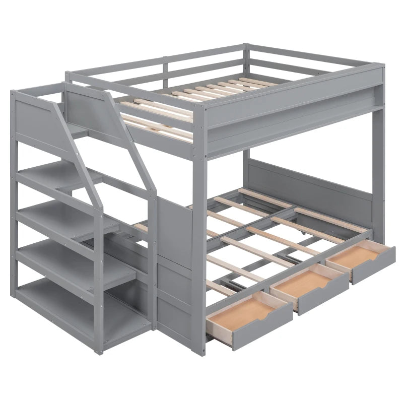 Full Size Convertible Wooden Bunk Bed with Storage Staircase childrensterritory