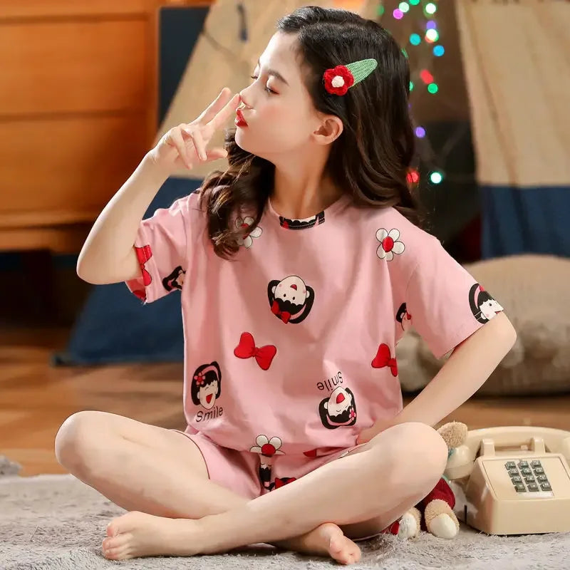 Kids Cartoon Print Short Sleeves Summer Pajamas Sets childrensterritory
