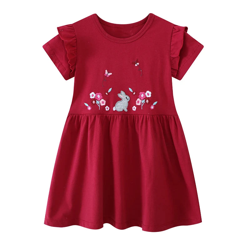 Little Girls Cartoon Flowers Rabbits Embroidered Dresses childrensterritory