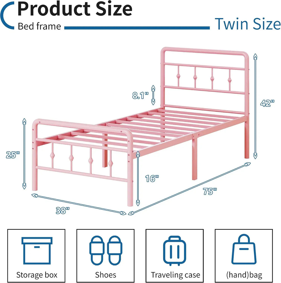 Twin Size Pink Metal Bed Frame with Headboard