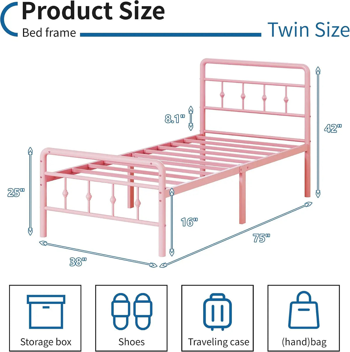 Twin Size Pink Metal Bed Frame with Headboard