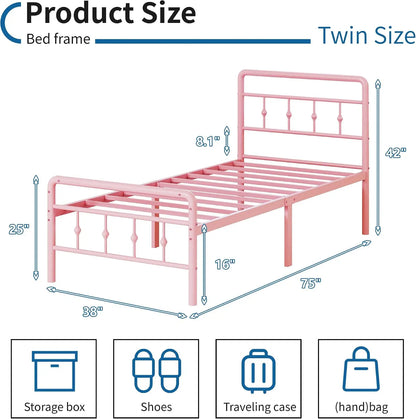 Twin Size Pink Metal Bed Frame with Headboard