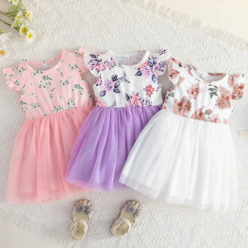 Flower Print Tulle Patchwork Kids Girls A-line Dress