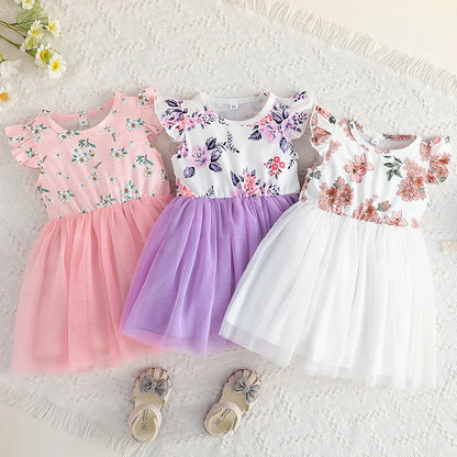Flower Print Tulle Patchwork Kids Girls A-line Dress