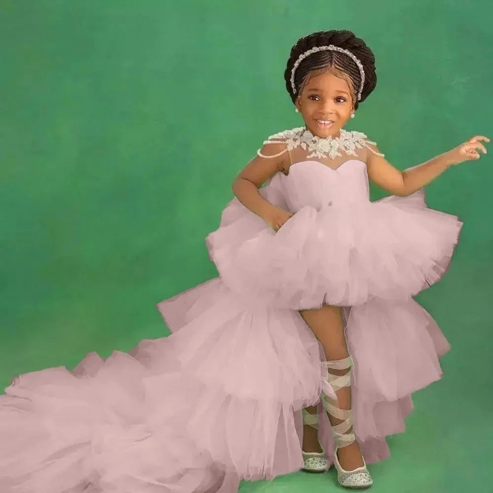 Little Girls Mint Green Tiered High-Low First Communion Gown