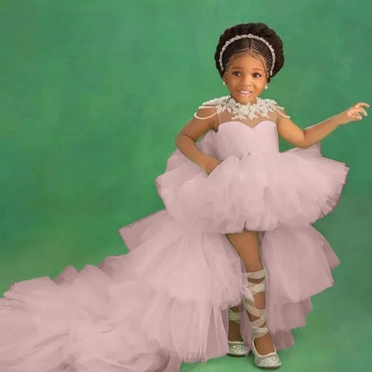 Little Girls Mint Green Tiered High-Low First Communion Gown
