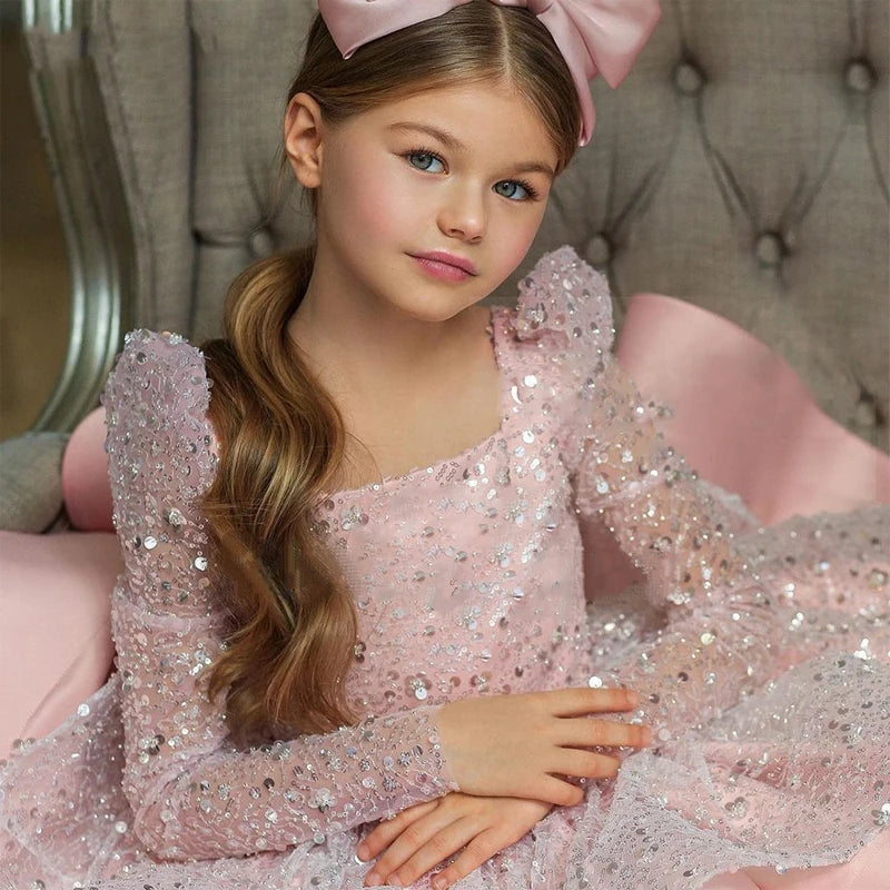 Kids Girls Glitter Sequin Puffy Dresses For Birthday Party