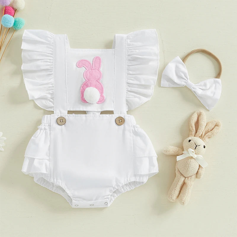 Bunny Embroidered Easter Outfit Set for Baby Girls, 2 Pieces