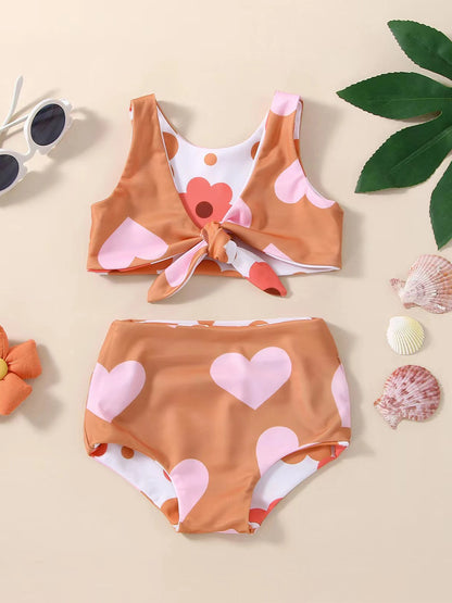Floral &amp; Heart Print Baby Girl 2Pcs Swimsuit Set