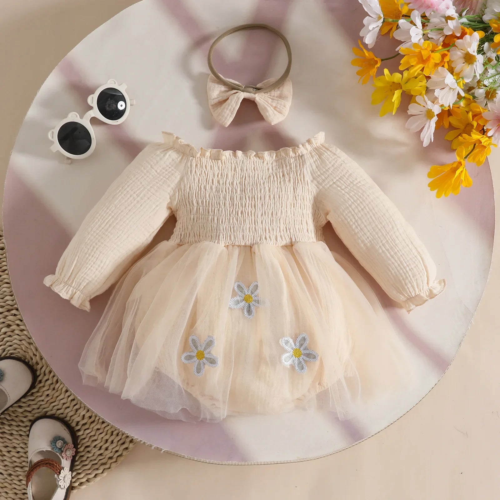 Newborn Baby Girl Long Sleeves Embroidery Design Party Dresses