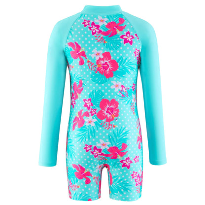 Unicorn and Floral Print Little Girls Zipper Swimsuits