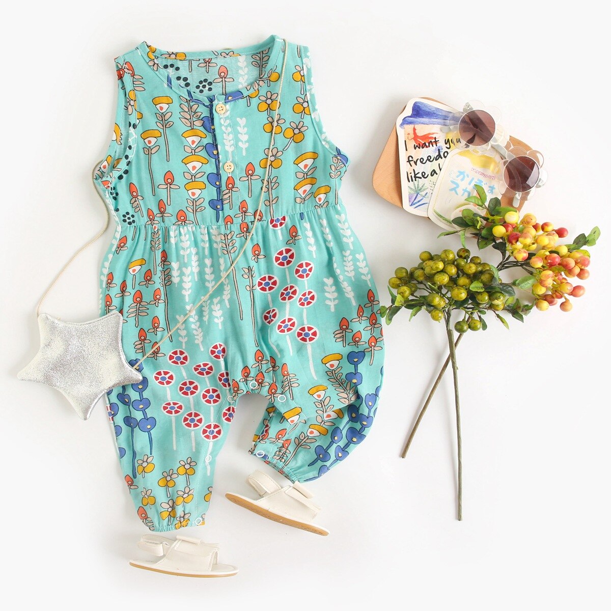 Floral Baby Girls Sleeveless Casual Cotton Jumpsuits childrensterritory