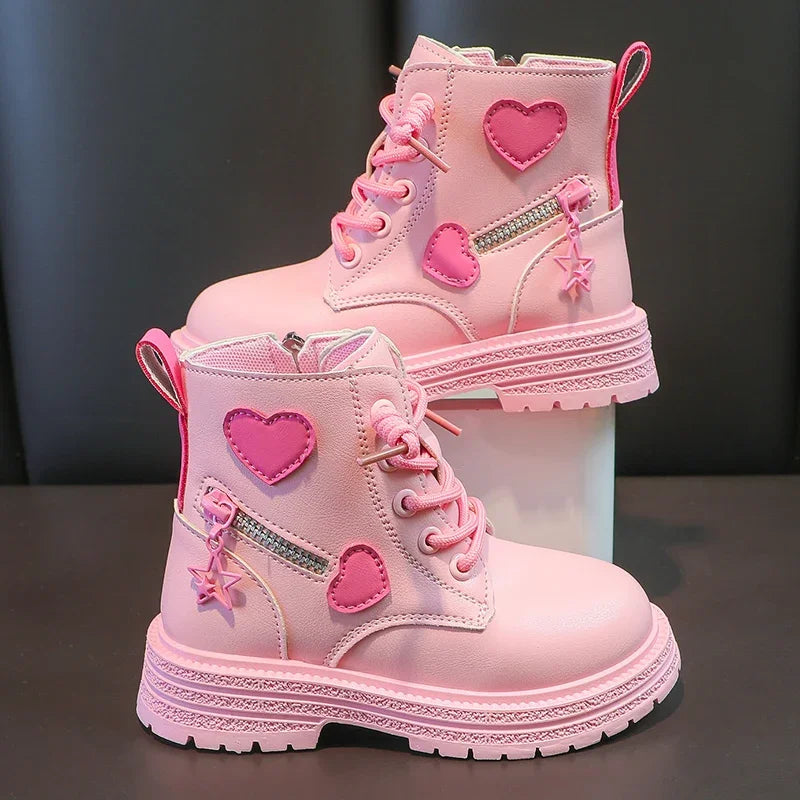 Heart Design Kids Girls British PU Ankle Boots
