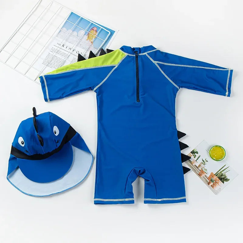 Baby/Kids Boys One Piece Shark Print Swimwear with Hat