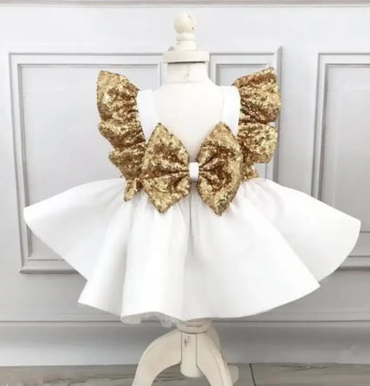 Gold Sequined Bow Knee Length First Birthday Party Dress childrensterritory