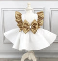 Gold Sequined Bow Knee Length First Birthday Party Dress childrensterritory